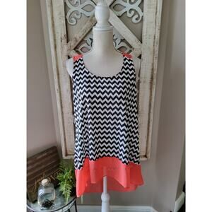 Moa Moa Chevron High Low Tank Top Coral Black Zigzag Chiffon Blouse Large